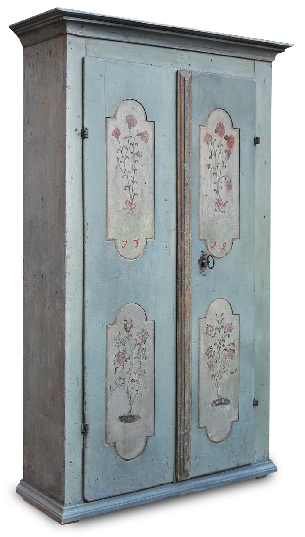 Painted wardrobe, dated 1799

Measures: H. 177cm, L. 93cm (107cm to the frames), P. 34cm (40cm to the frames)

Tyrolean painted wardrobe with two doors, entirely painted in light aquamarine. On the doors there are frames with floral motifs.