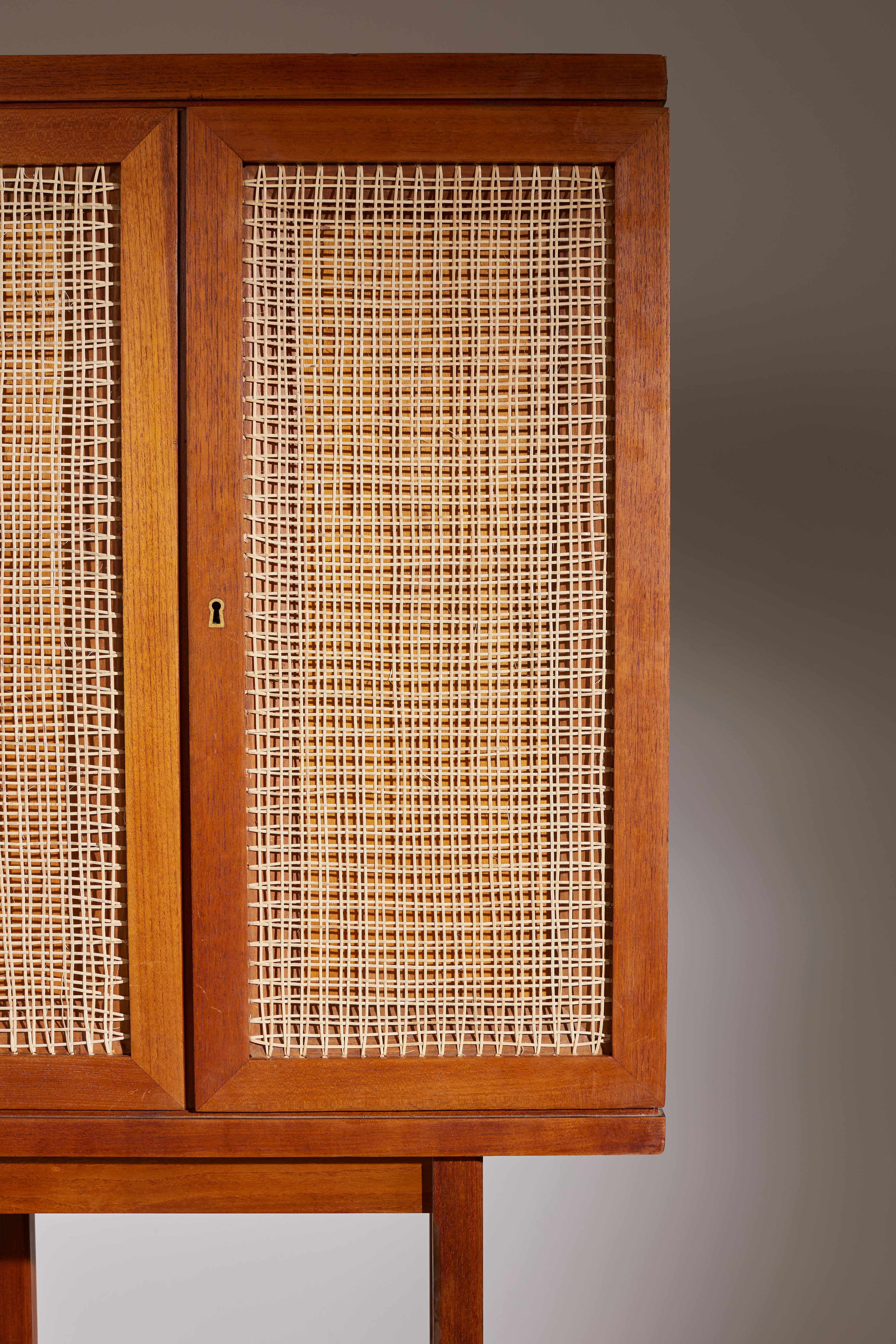 Mid-Century Modern Cabinet Made in Teak and Cane Panels Attributed to Augusto Romano -Turin School For Sale