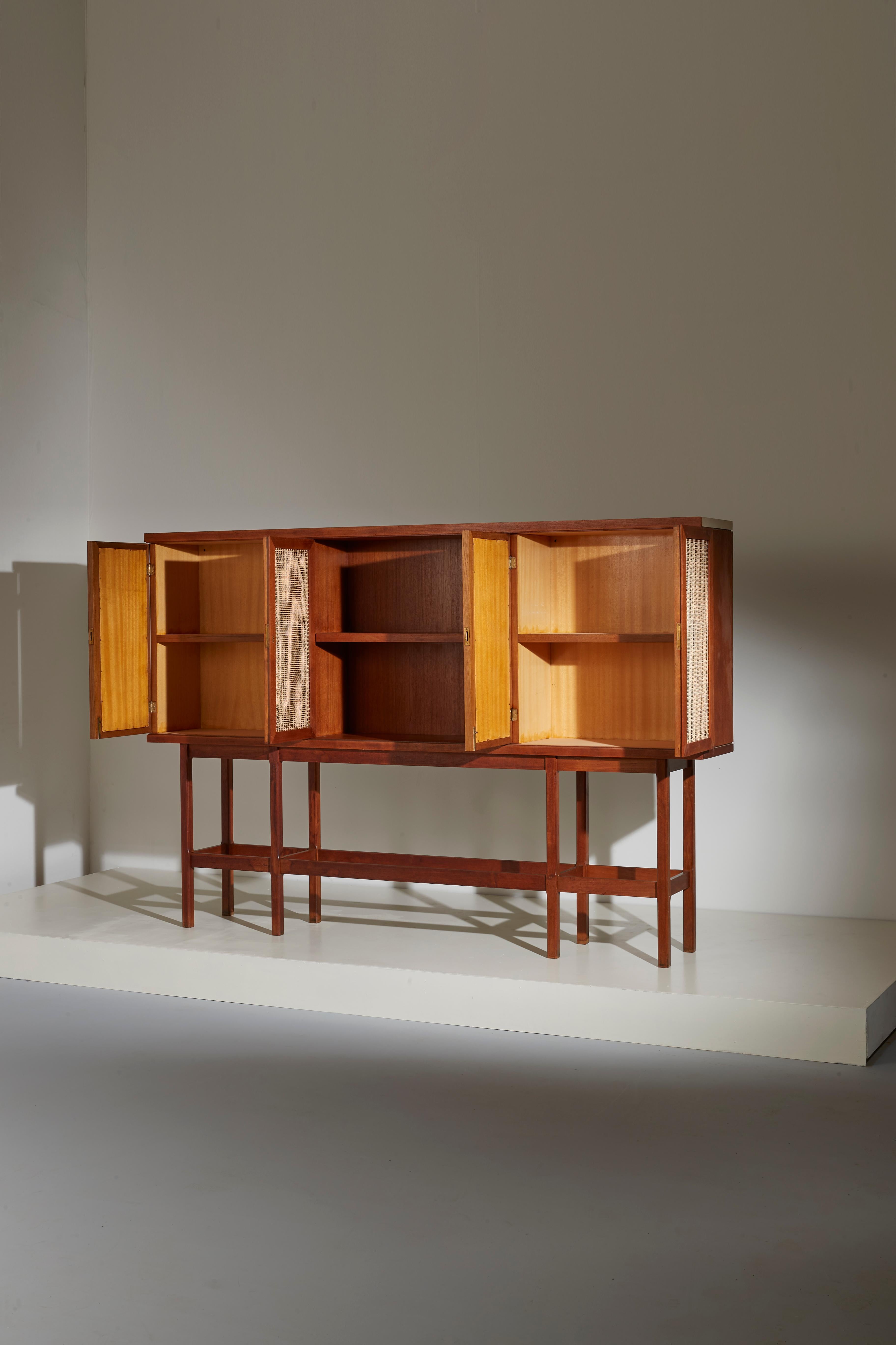 Cabinet Made in Teak and Cane Panels Attributed to Augusto Romano -Turin School In Good Condition For Sale In Chiavari, Liguria