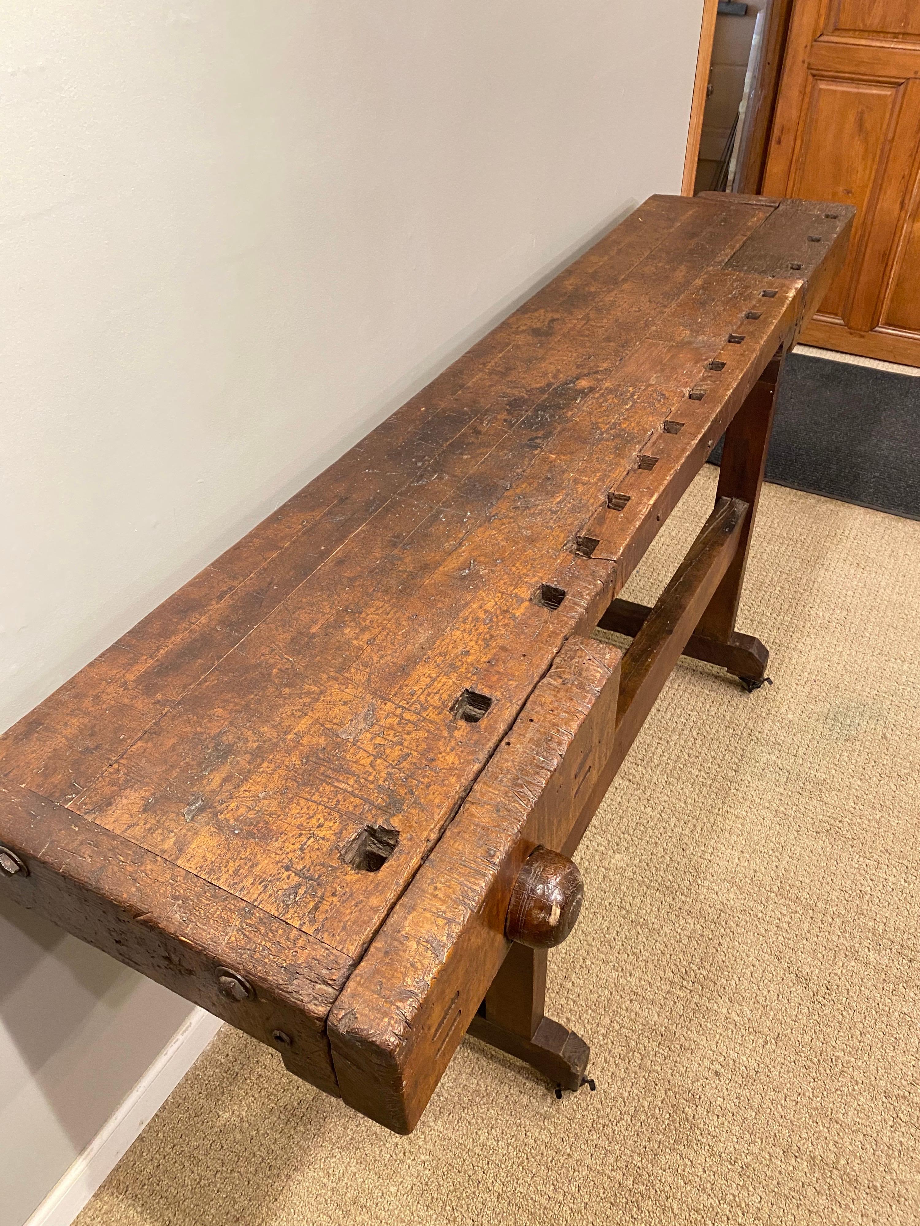 Early 20th century cabinet makers work bench 

 Can be used a bar, serving table or sideboard 

Top surface 16.5 