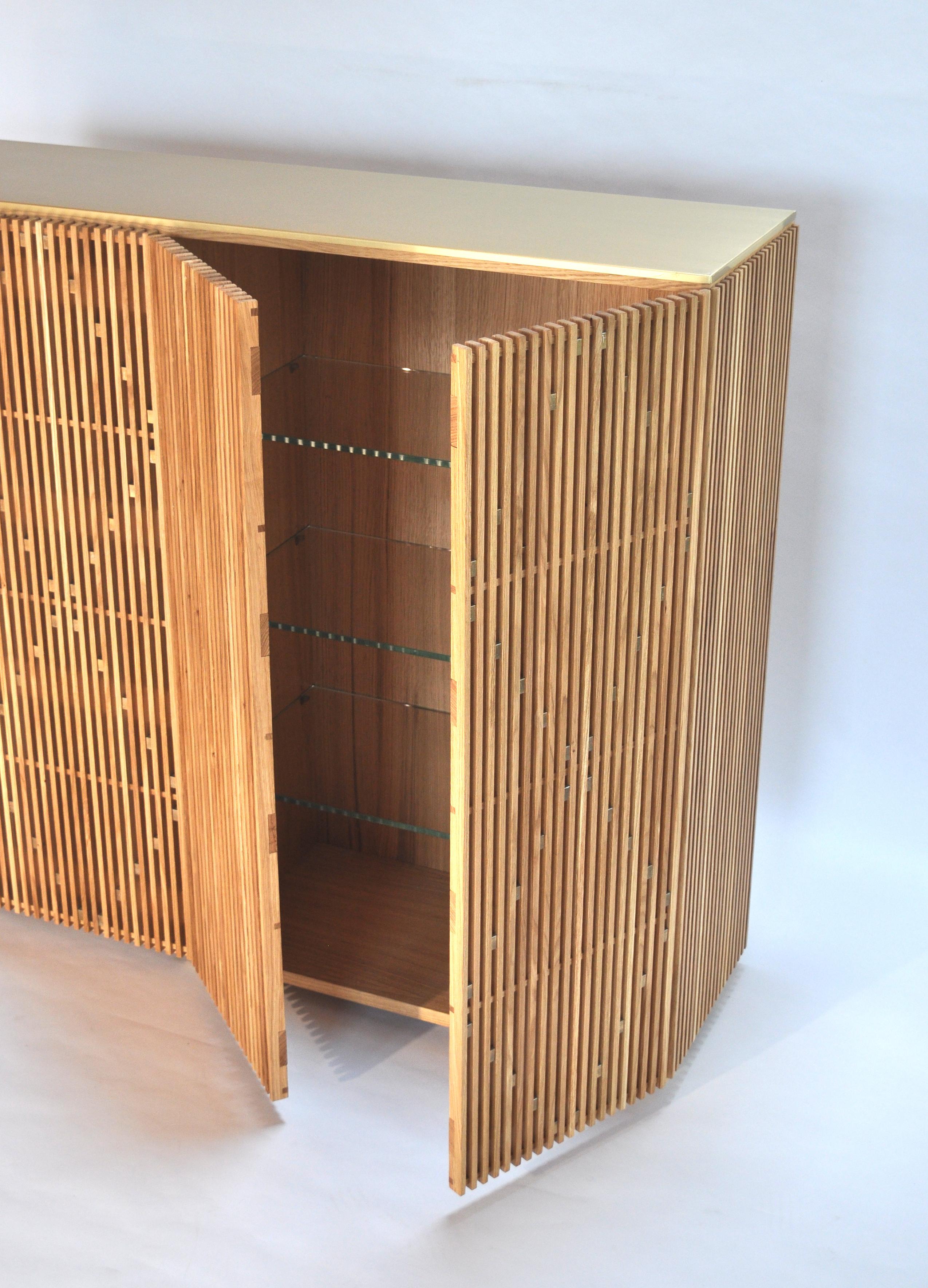 Brushed Contemporary crafted Cabinet, Sideboards  Living room furniture Oak and Brass For Sale