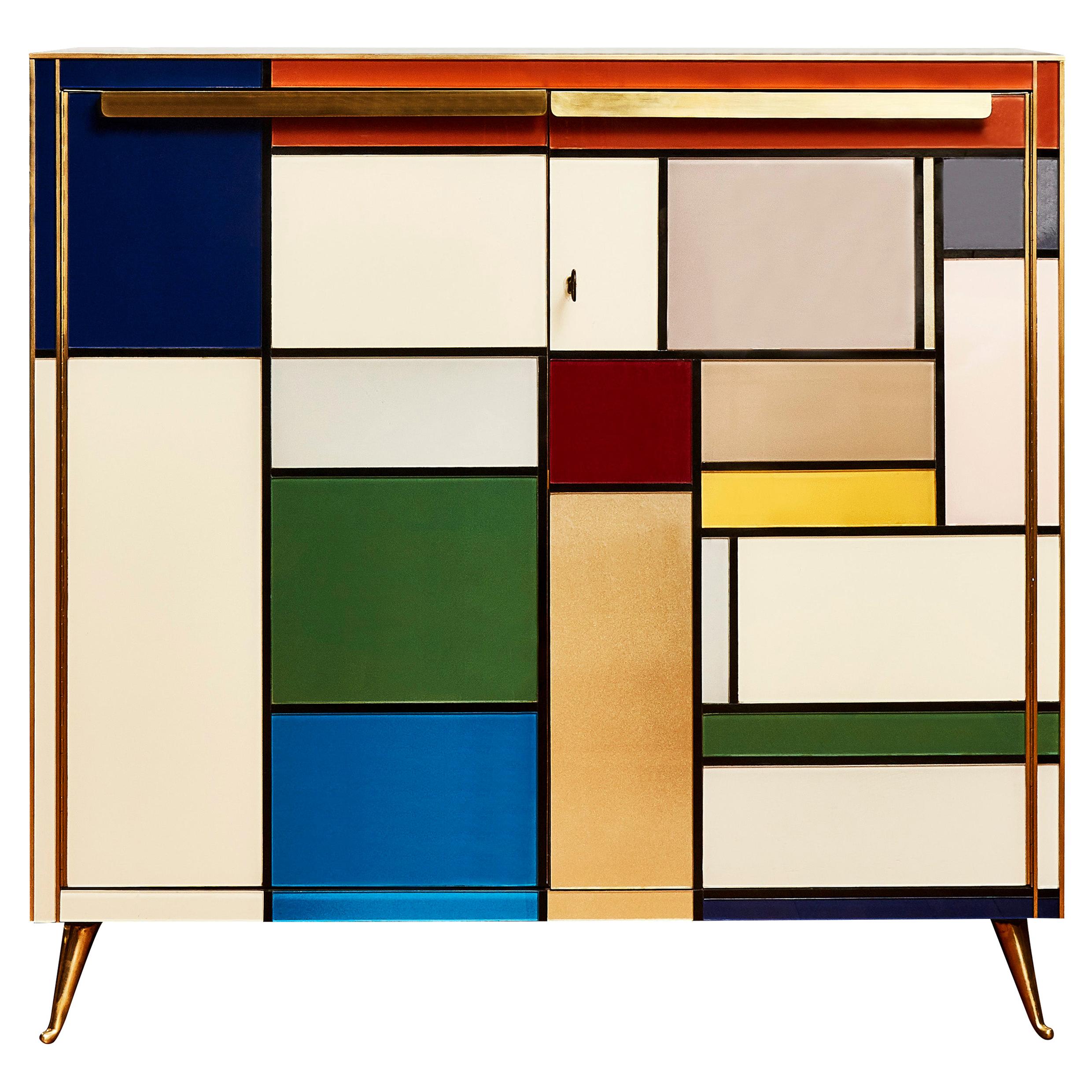 Cabinet "Mondrian Tribute" in Tainted Glass by Studio Glustin