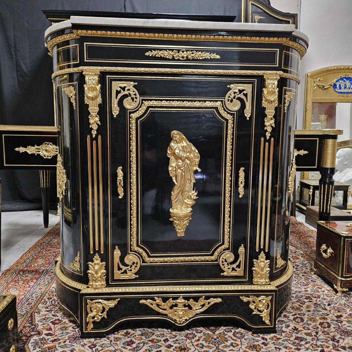 Black French Cabinet Napoleon III and Boulle Brass Gilt Bronze 19th Century 2