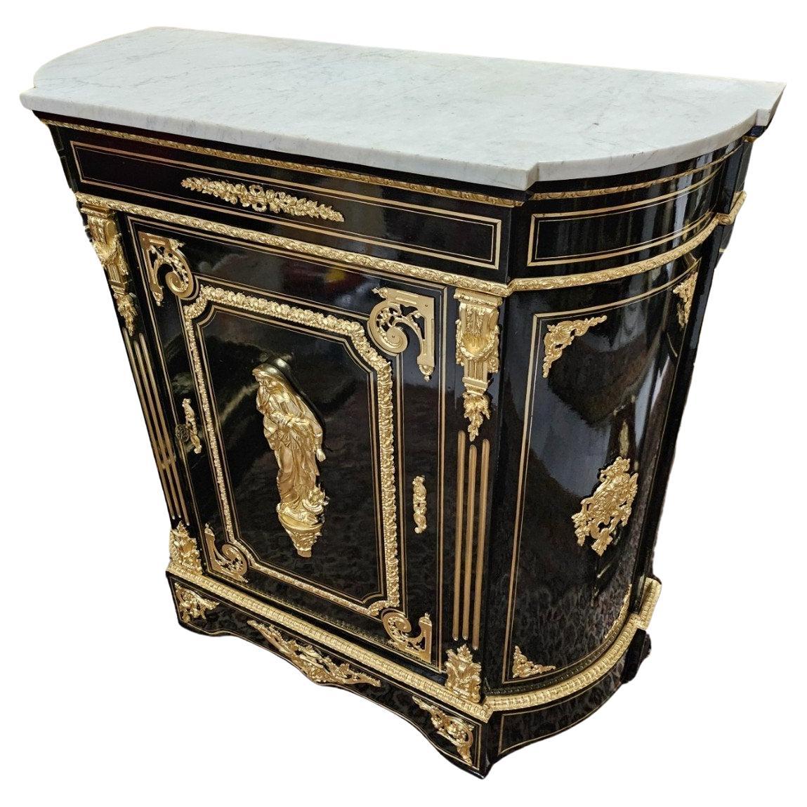 Black French Cabinet Napoleon III and Boulle Brass Gilt Bronze 19th Century