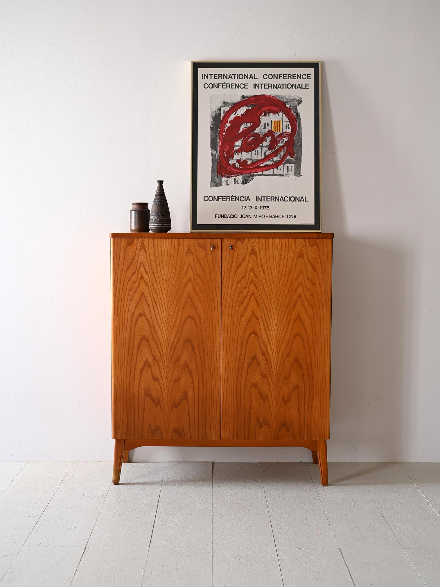 Cabinet from the 1950s  with hinged doors.

Externally, the structure is modern and minimalist with two lockable hinged doors. Inside there are four drawers and several shelves that divide the space.
The manufacture shows the typical linearity of