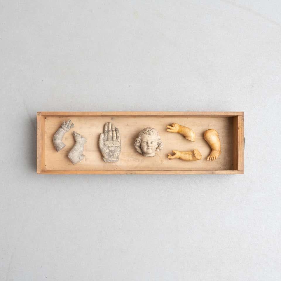 Cabinet de curiosités composé de figures et de pièces en plâtre dans une niche en bois.    Fabriqué dans un atelier catalan traditionnel à Olot, en Espagne, vers 1950.    Olot a une longue tradition dans la production de sculptures et d'images