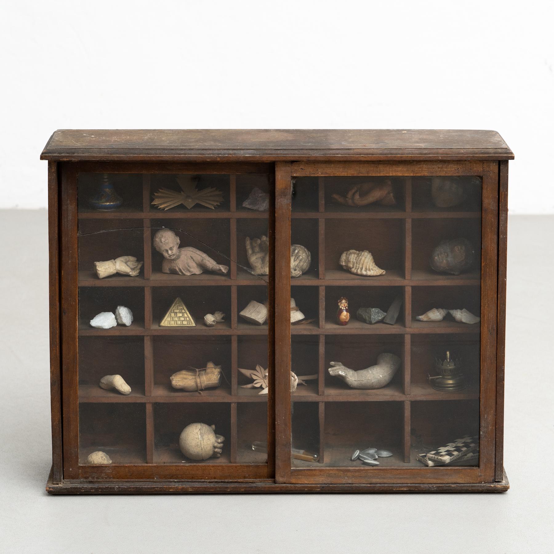 Modern Cabinet of Curiosities Sculptural Artwork on a Wooden Cabinet, circa 1950