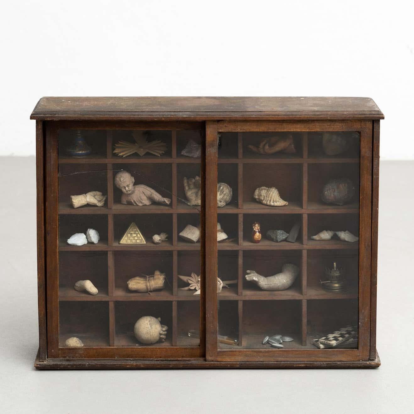 Modern Cabinet of Curiosities Sculptural Artwork on a Wooden Cabinet, Circa 1950 For Sale