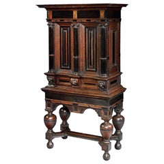 Used Cabinet on Stand Dutch Renaissance Oak Ebonised Secret Locking Mechanism Key