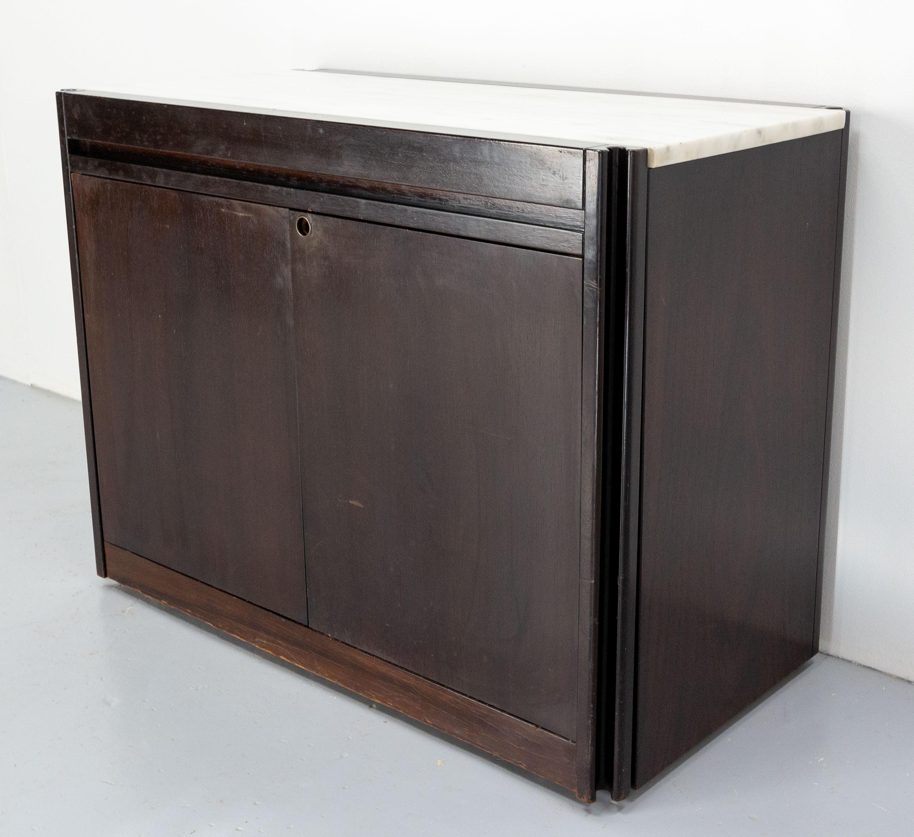 Cabinet or Commode Removable into Dining Table Wood and Marble, France, C. 1980 In Good Condition For Sale In Labrit, Landes