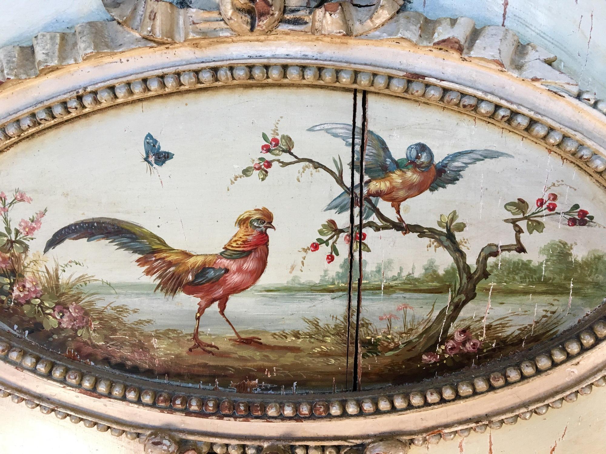 Louis XVI pale green painted cabinet or commode with marble top, 18th century with exceptionally fine painted bird decoration in the manner of Jean Baptiste Oudry. A molded marble top over a cabinet with columnar corners, having three drawers over