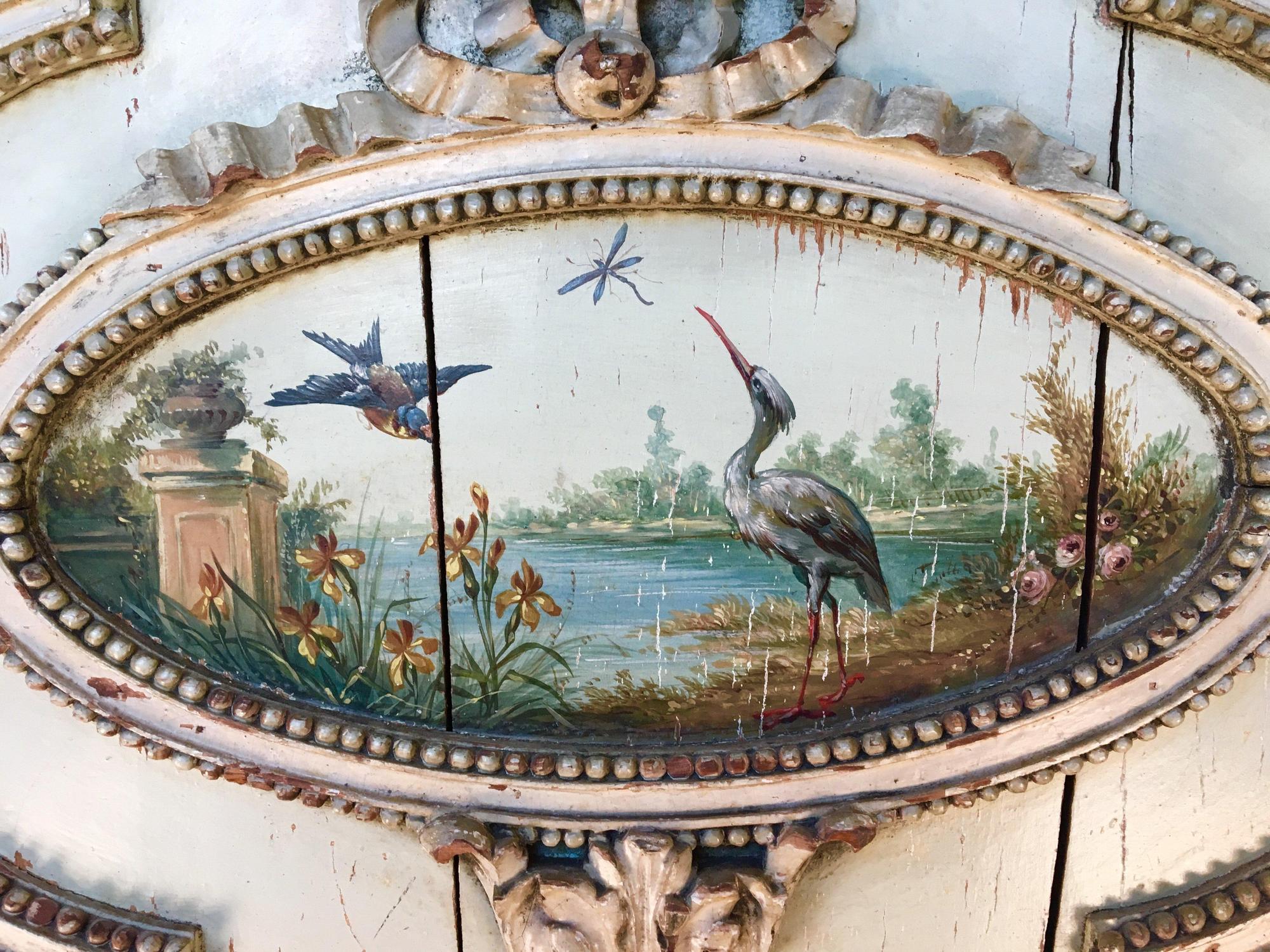 Louis XVI Cabinet or Commode with Marble Top, 18th Century with Hand Painted Bird Details