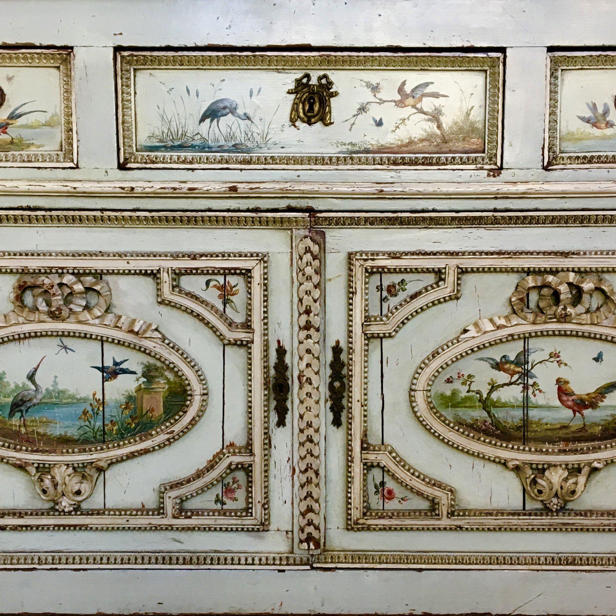 French Cabinet or Commode with Marble Top, 18th Century with Hand Painted Bird Details