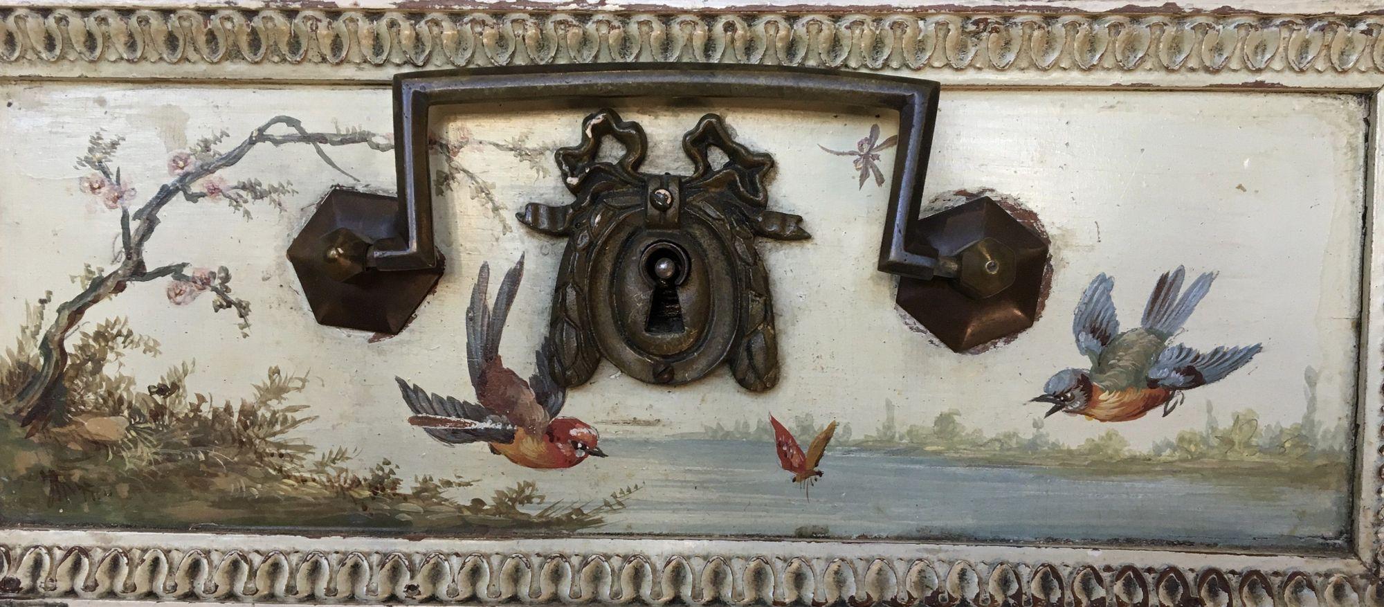 Hand-Painted Cabinet or Commode with Marble Top, 18th Century with Hand Painted Bird Details