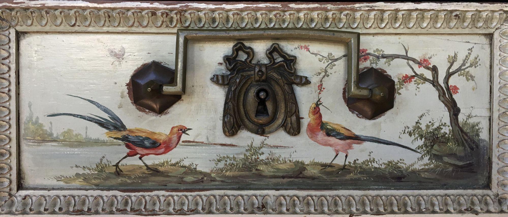 Cabinet or Commode with Marble Top, 18th Century with Hand Painted Bird Details In Good Condition In Doylestown, PA