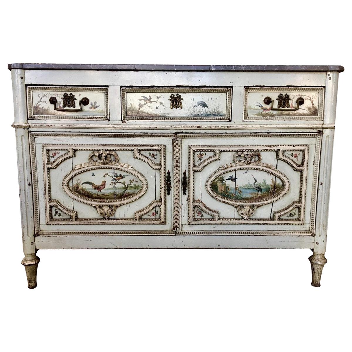 Cabinet or Commode with Marble Top, 18th Century with Hand Painted Bird Details