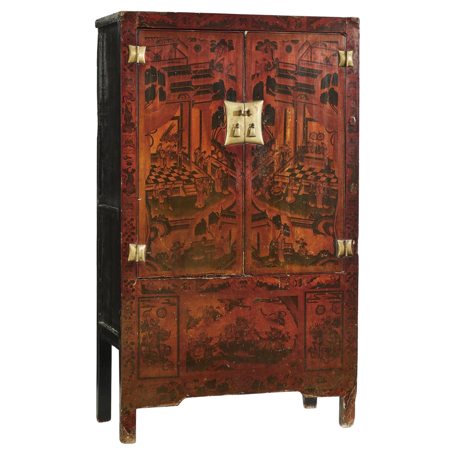 Oriental cabinet with paintings, 1950s For Sale