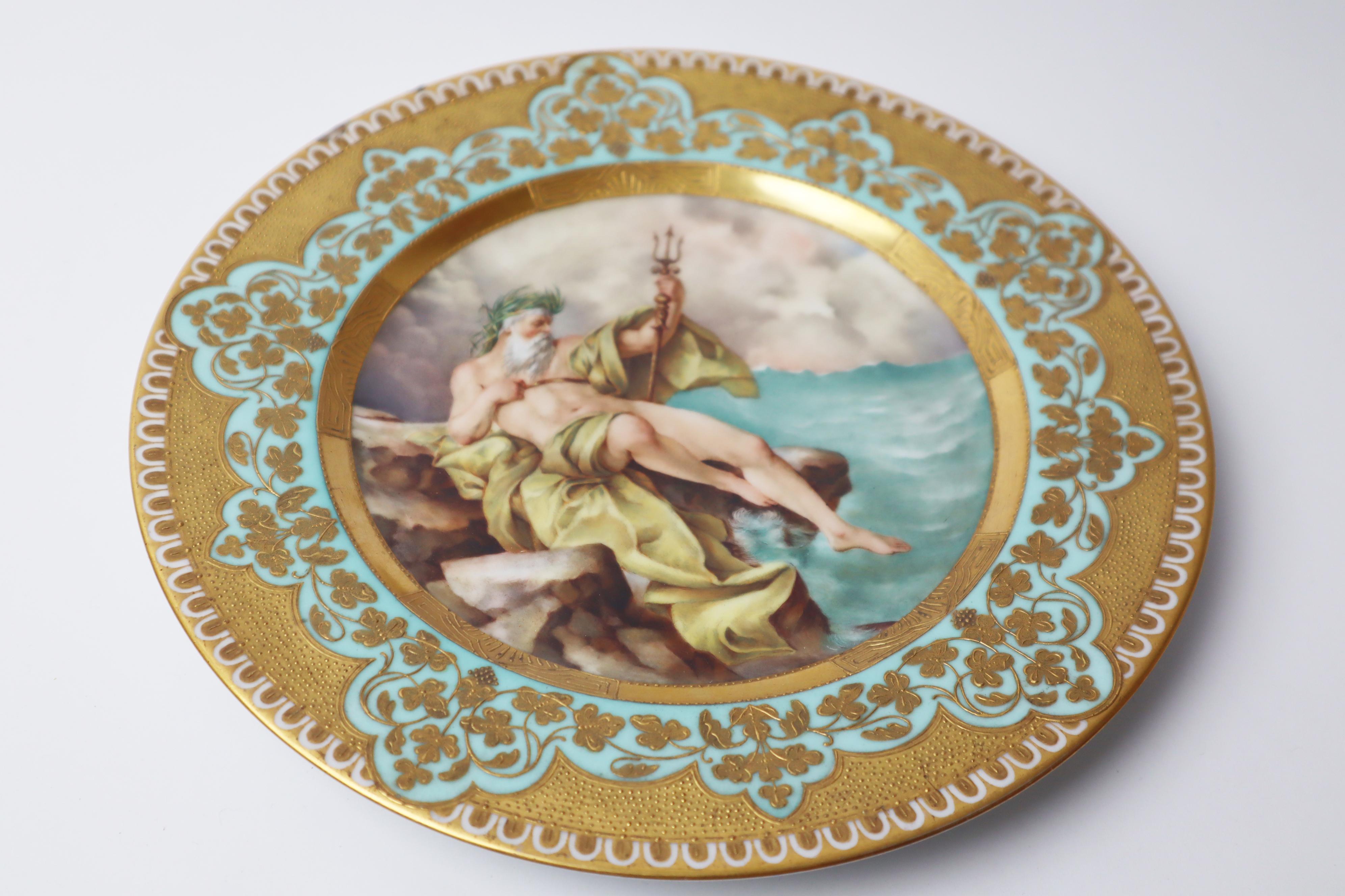 Plato de gabinete Poseidón sobre una roca en el océano, 1800s en Bueno estado para la venta en Hannover, DE