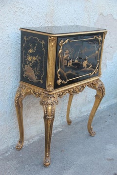 Cabinet Rococo Black and Gold Italian Mid-Century Modern Chinese Lacquer Scenes