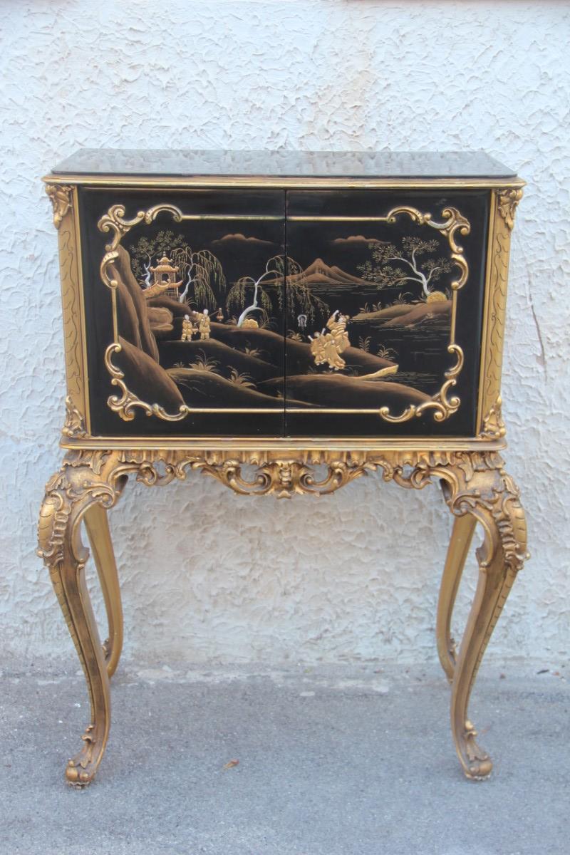 Mid-20th Century Cabinet Rococo Black and Gold Italian Mid-Century Modern Chinese Lacquer Scenes For Sale
