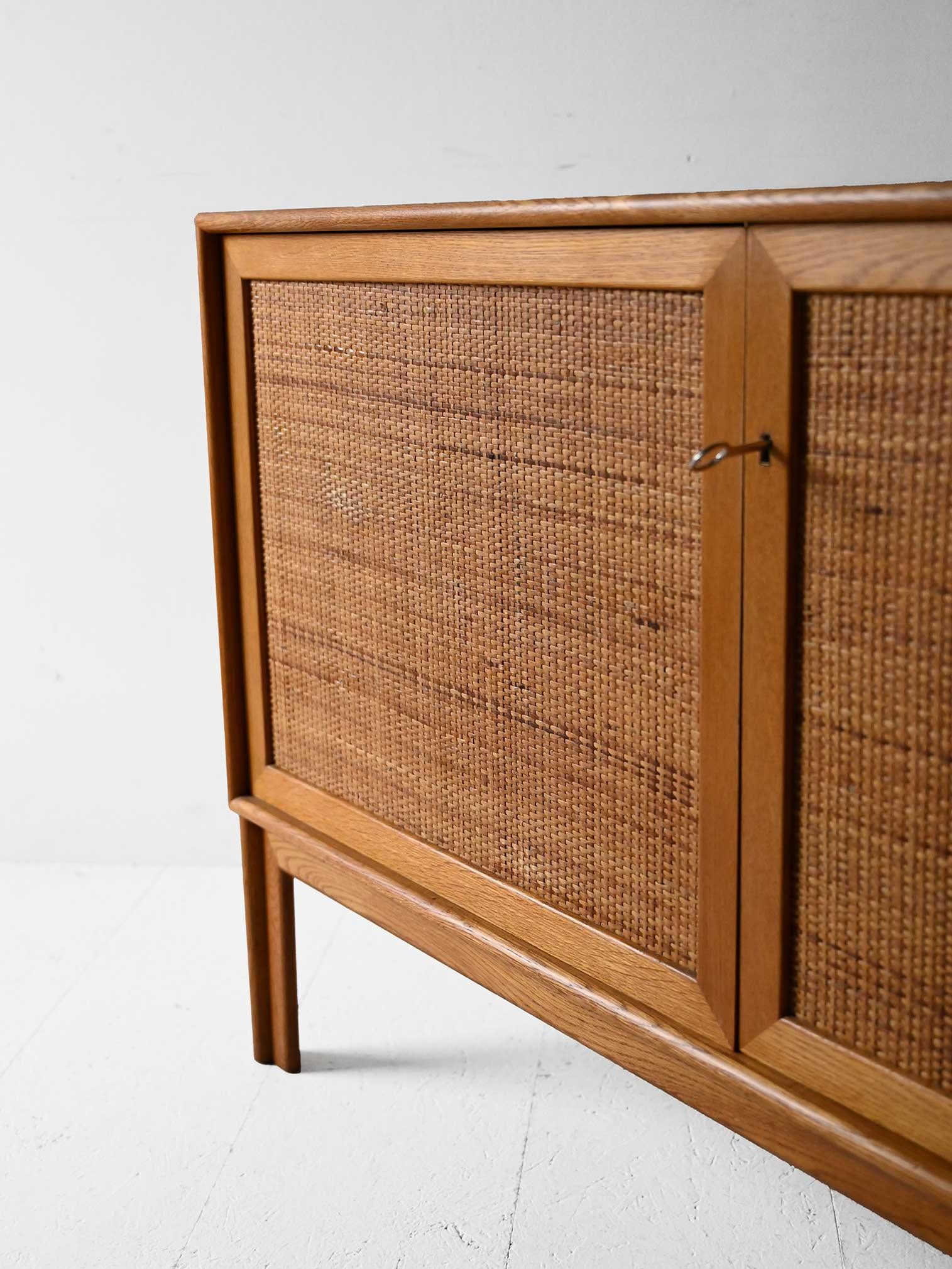 Scandinavian oak cabinet with rattan doors For Sale 3