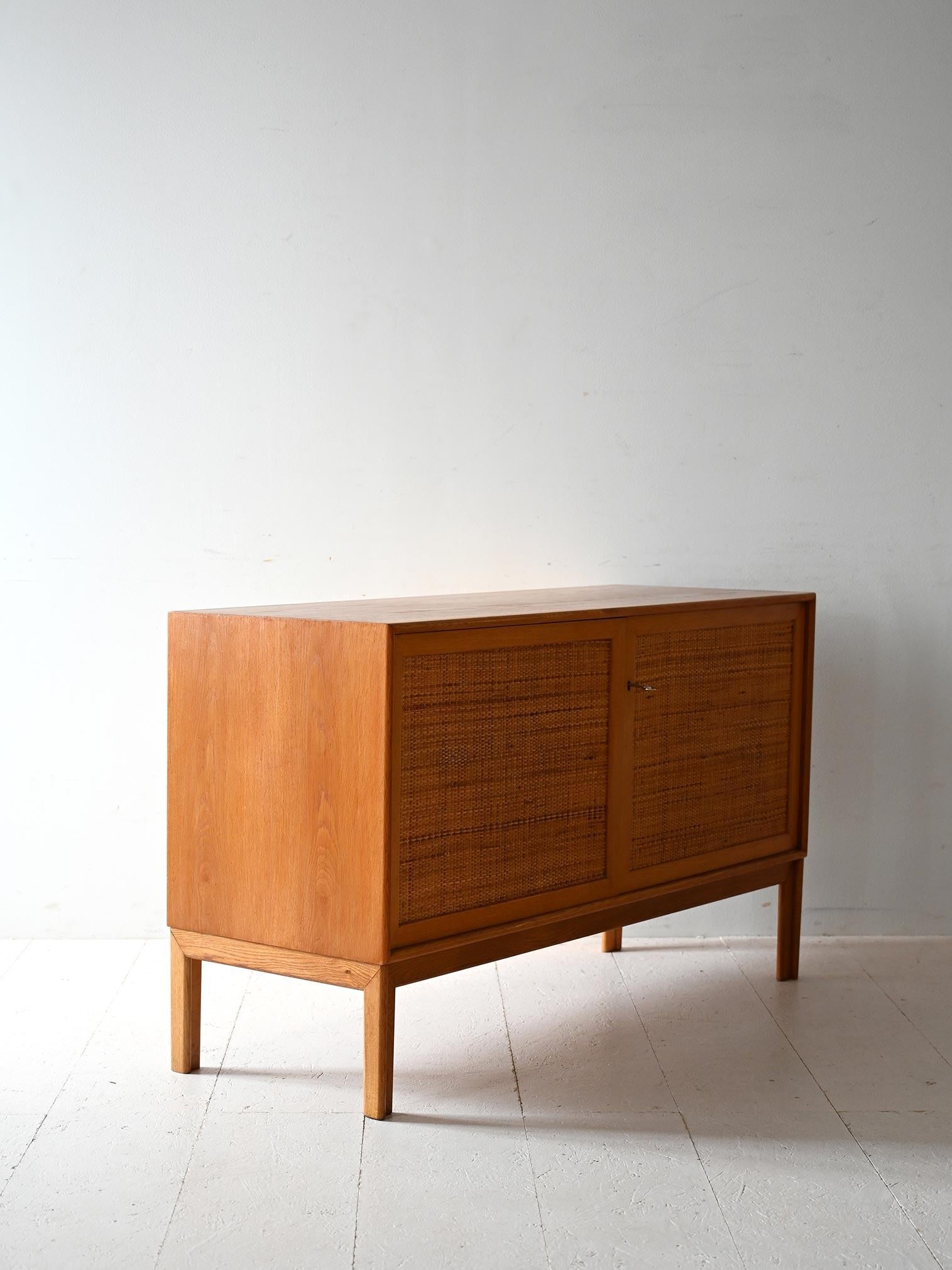 Swedish Scandinavian oak cabinet with rattan doors For Sale