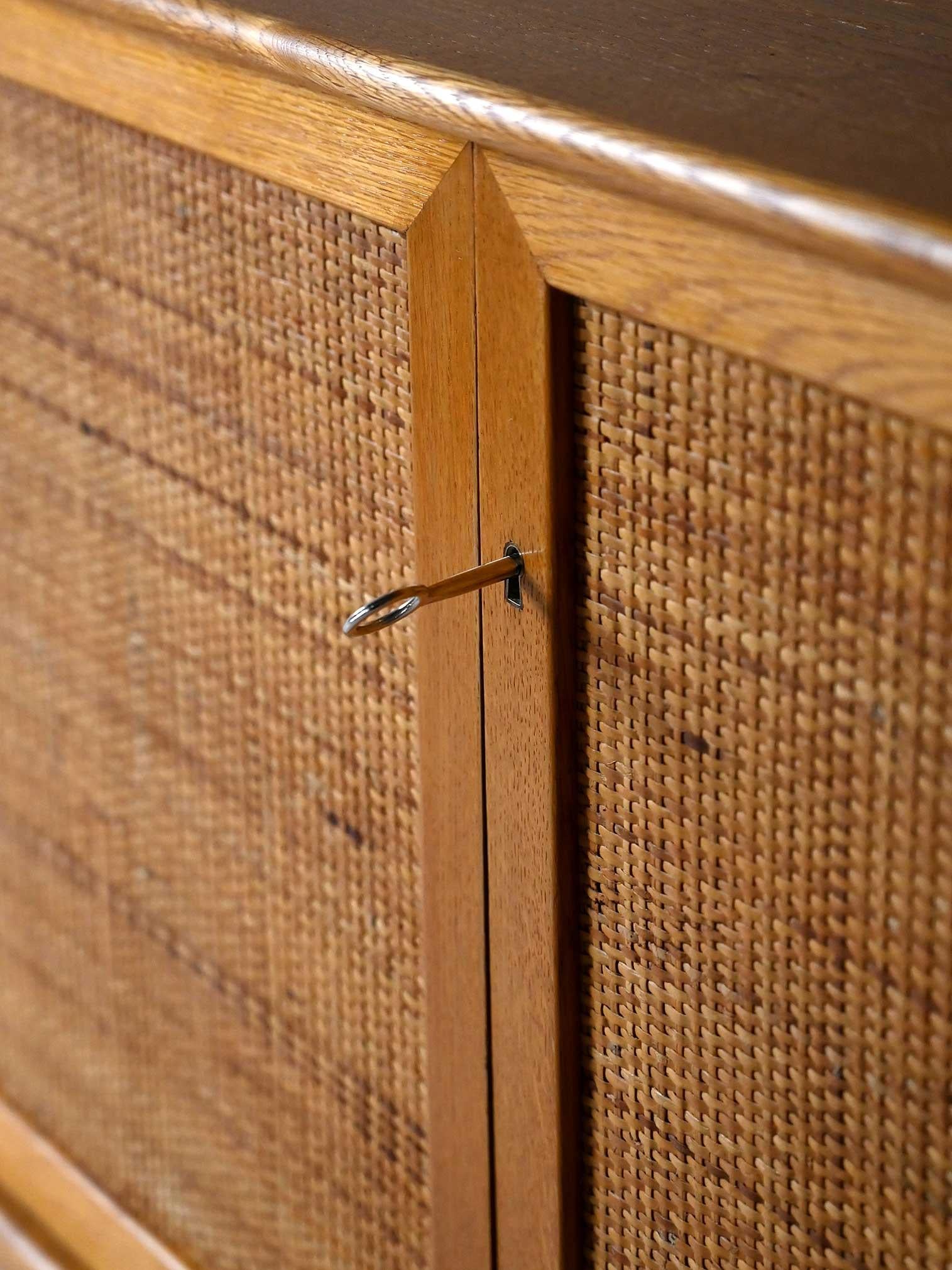 Scandinavian oak cabinet with rattan doors For Sale 2