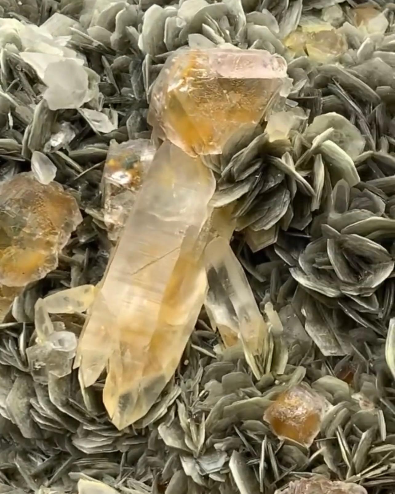 Modern Cabinet Size Fluorite Octahedral Crystals On Muscovite With Quartz From Pakistan For Sale
