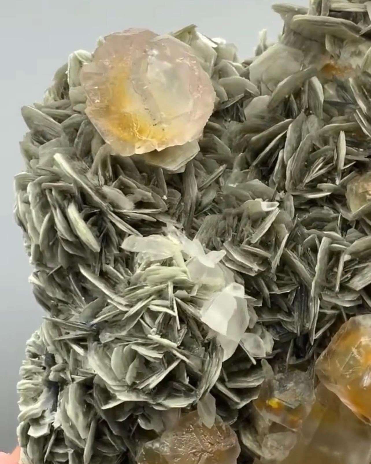 Contemporary Cabinet Size Fluorite Octahedral Crystals On Muscovite With Quartz From Pakistan For Sale