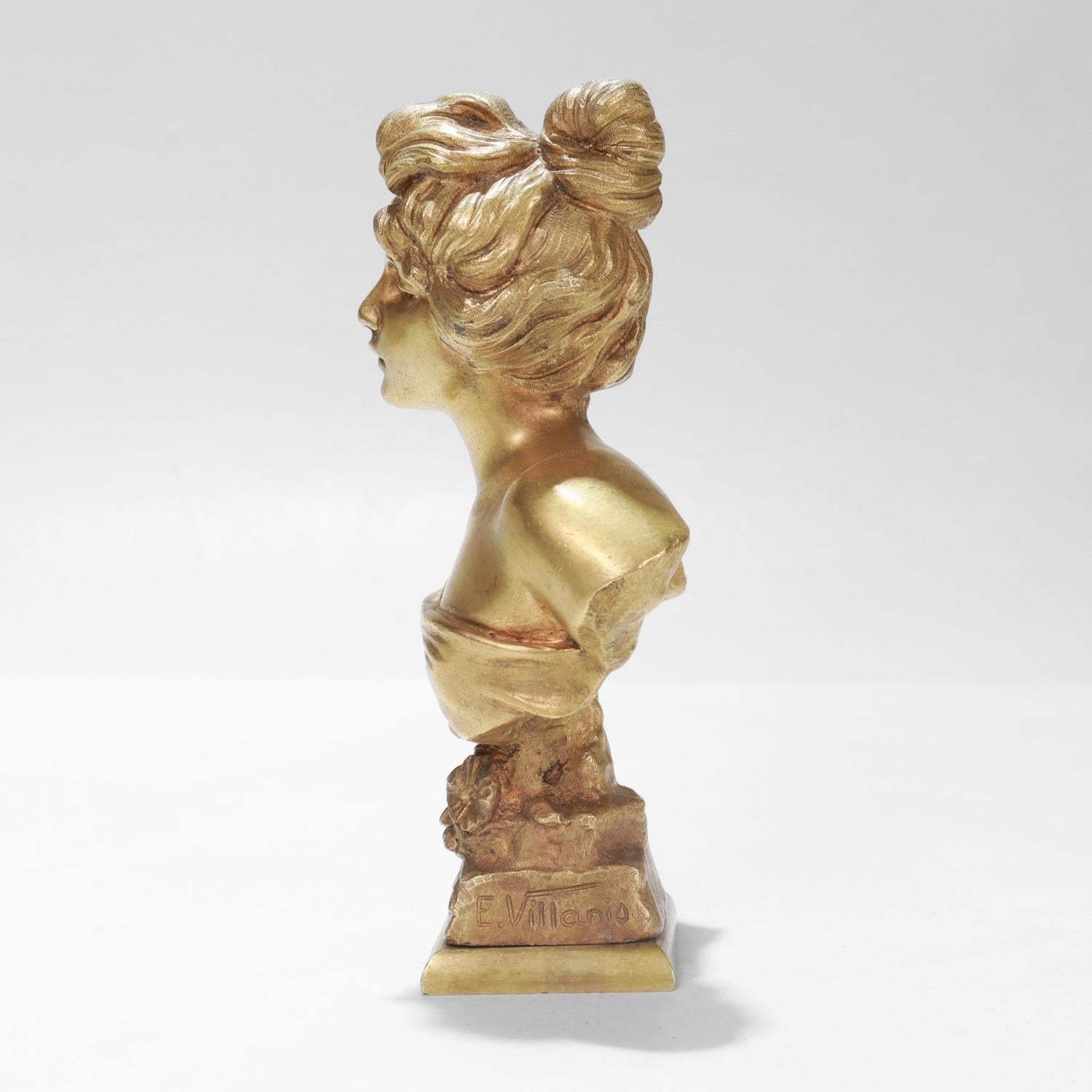 20th Century Cabinet-Sized 'Farfalla' Gilt Bronze Bust of a Woman after Emmanuel Villanis For Sale