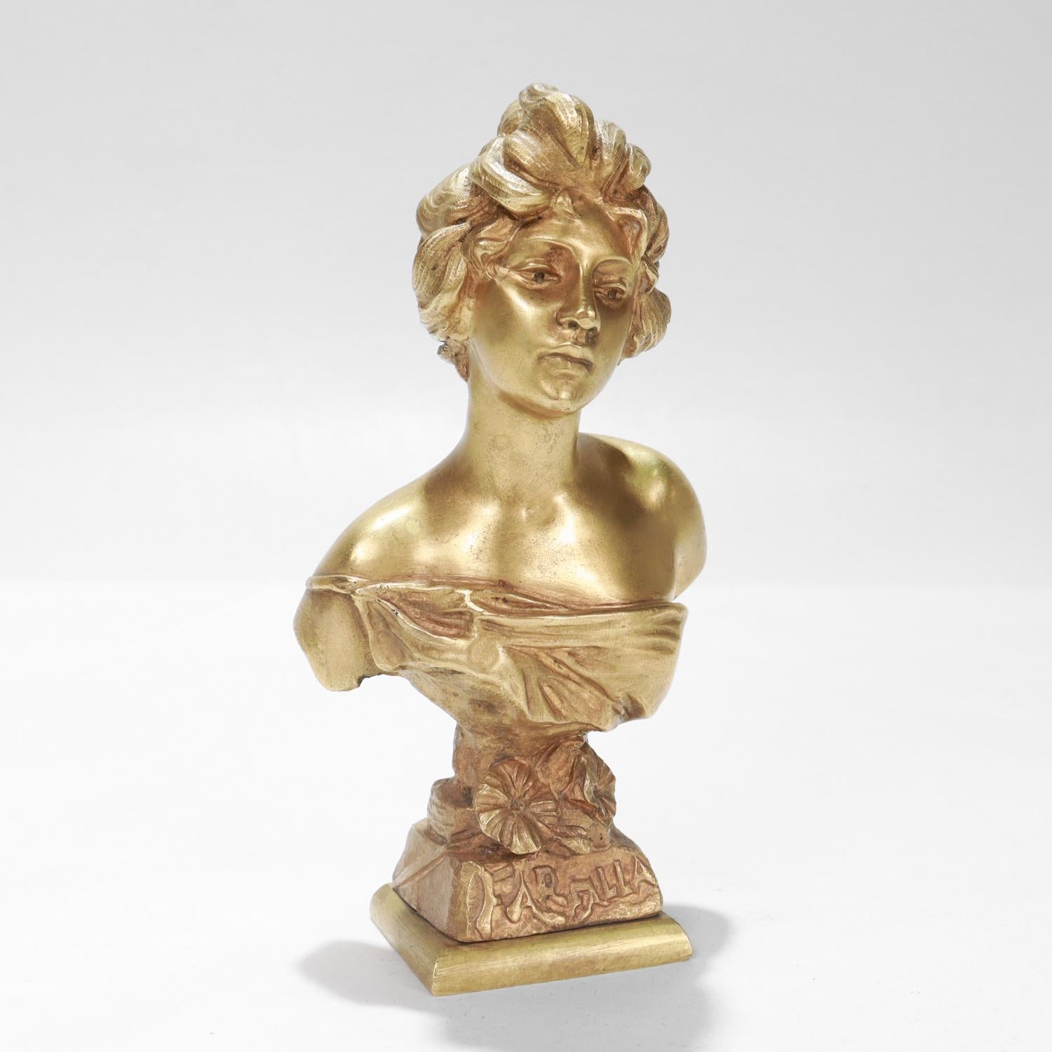 Cabinet-Sized 'Farfalla' Gilt Bronze Bust of a Woman after Emmanuel Villanis For Sale 4