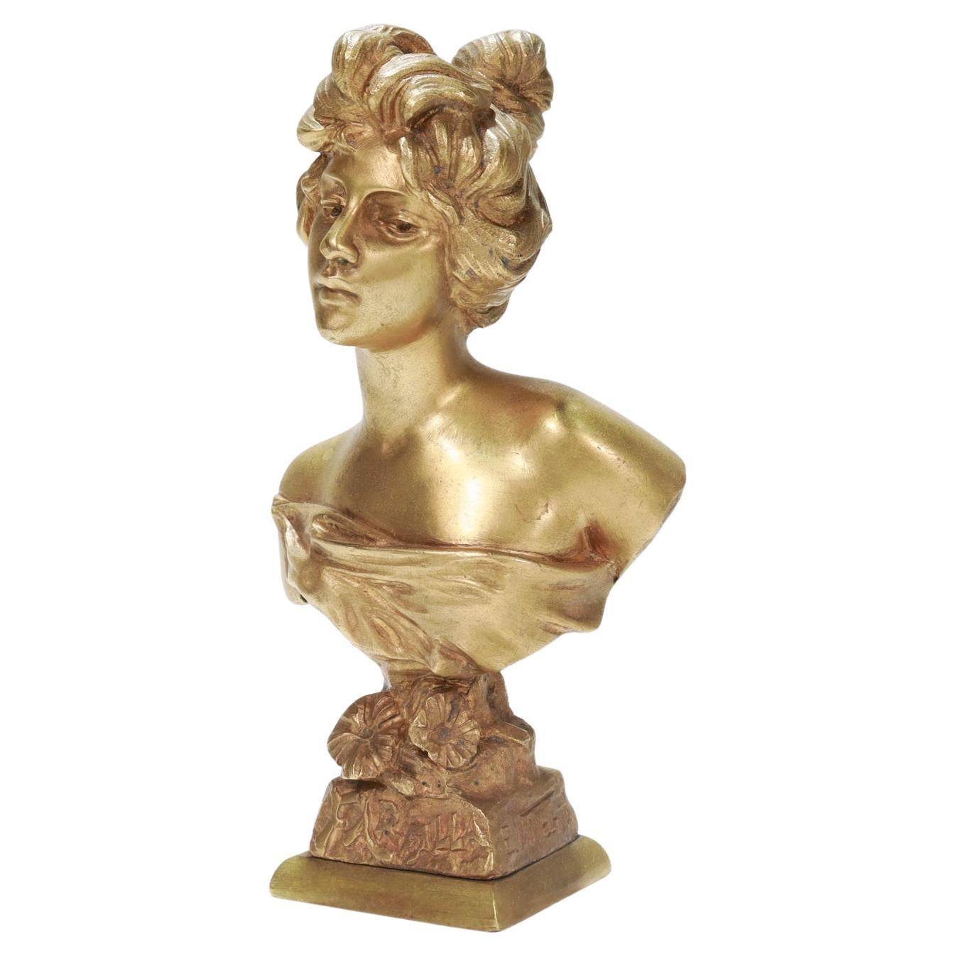 Cabinet-Sized 'Farfalla' Gilt Bronze Bust of a Woman after Emmanuel Villanis