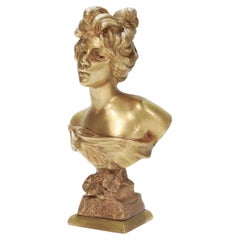 Antique Cabinet-Sized 'Farfalla' Gilt Bronze Bust of a Woman after Emmanuel Villanis