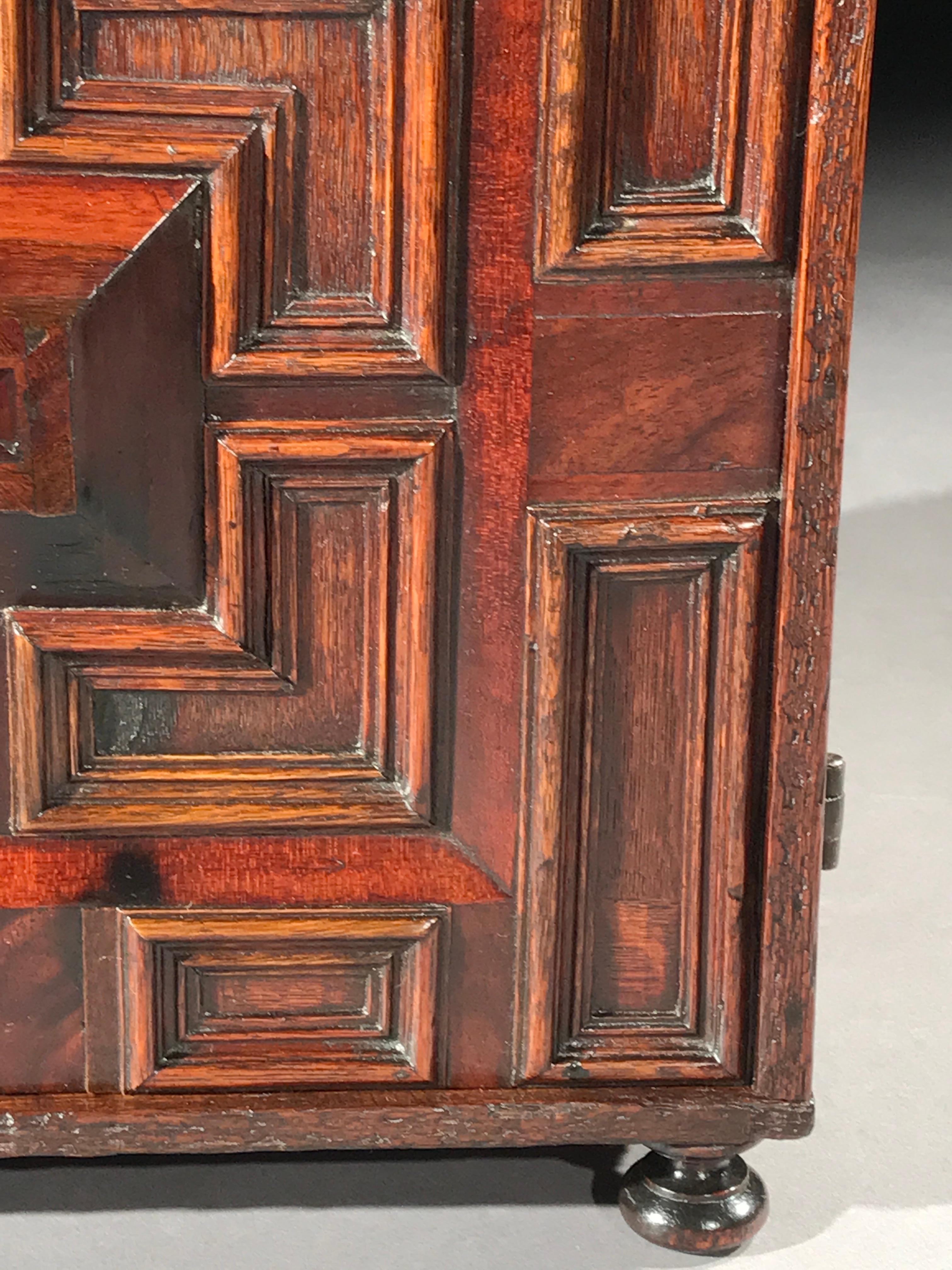 Mid-17th Century Cabinet Spice Small Oak Cedar Snakewood Fruitwood Cushion Geometric Moulding For Sale