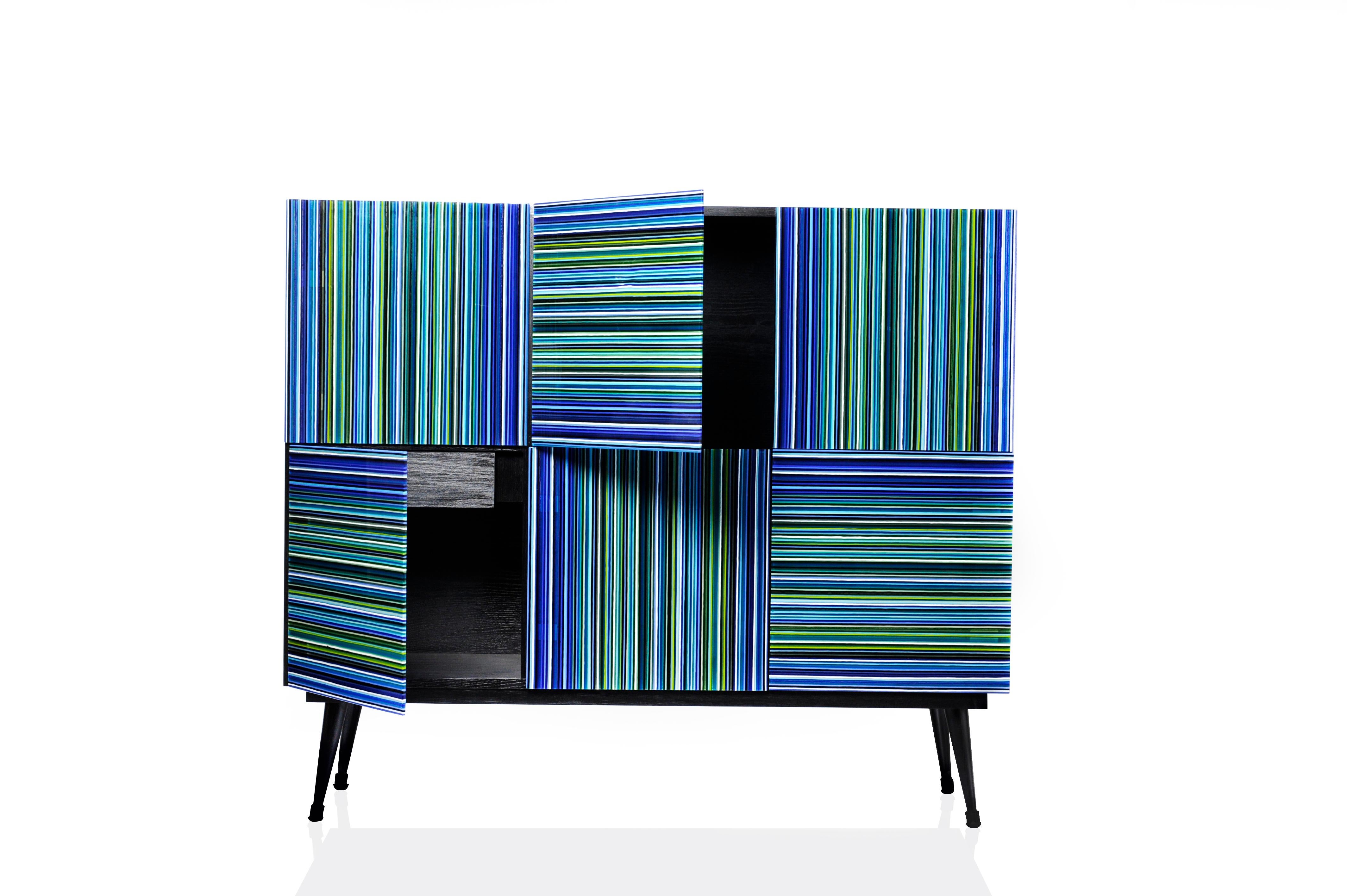 Cabinet designed by Orfeo Quagliata in collaboration with Taracea Furniture. An object of fused glass created with the exclusive barcode technique. The cabinet's simple and retro design mixed with designer's exceptional glass expertise put together