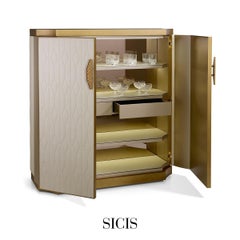 Cabinet Structure Distressed Paint Finish Quilted Fabric Bronzed Mirror Led Ins