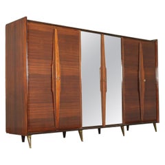 Cabinet Veneered Wood Brass Mirrored Glass, Italy, 1950s-1960s