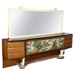 Cabinet Veneered Wood Marble Brass Mirror Glass, Italy, 1950s