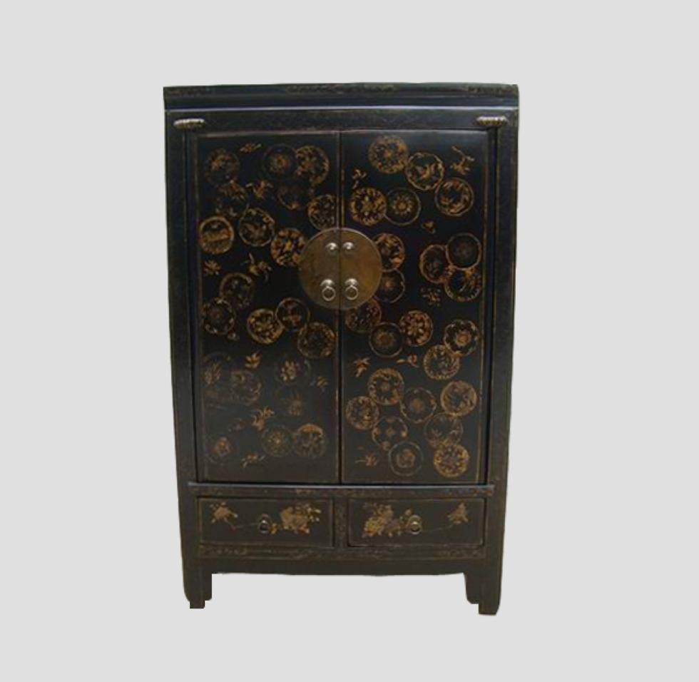 This lovely cabinet creates an oriental ambiance with hand painted dandelions and hand forged brassware. It will be a great to use as entertainment center or media cabinet and is solid elm with two shelves and two drawers.
