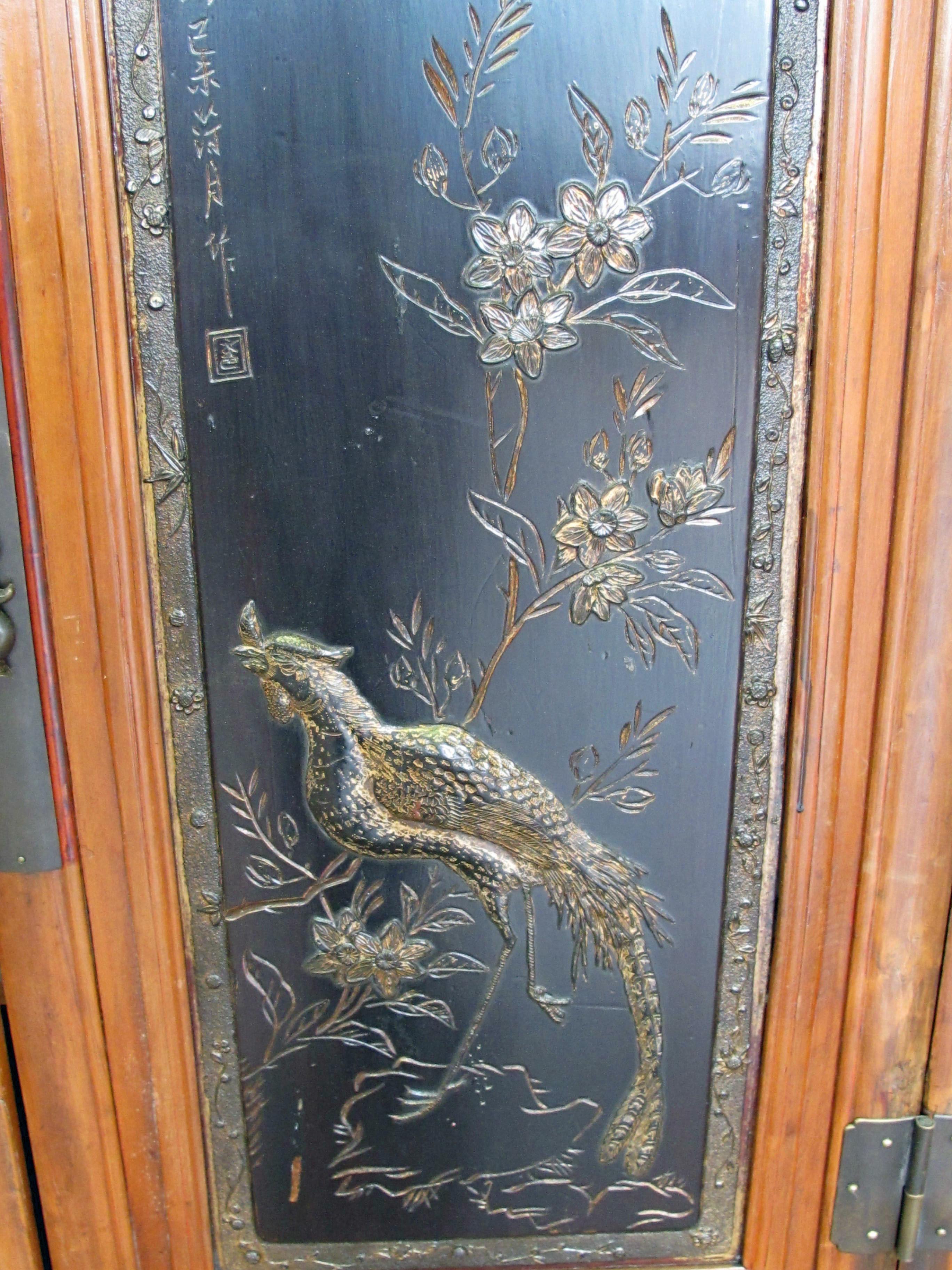 Cabinet with Two Panel Doors Carved with Crane and Phoenix For Sale 3