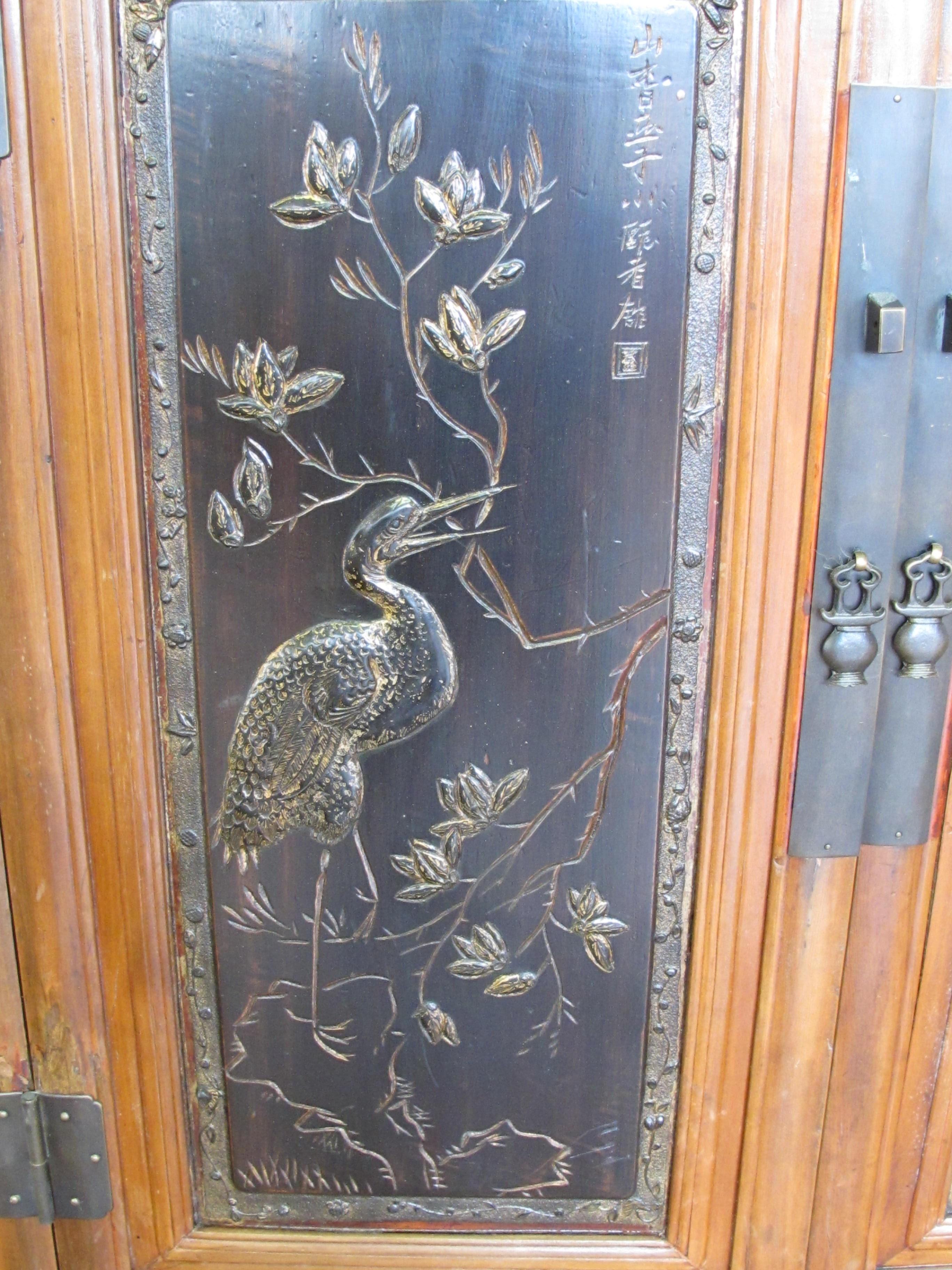 Cabinet with Two Panel Doors Carved with Crane and Phoenix For Sale 4