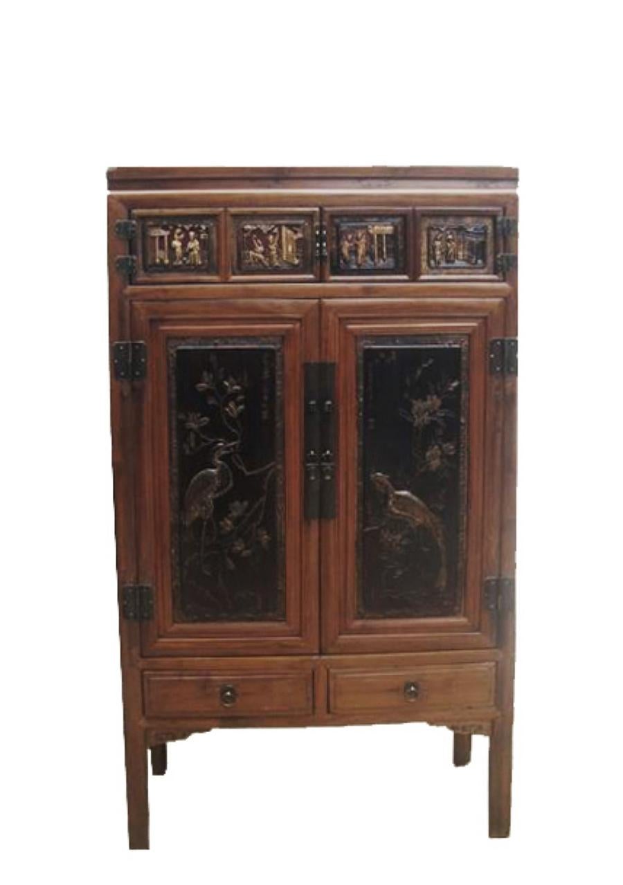 Chinese Export Cabinet with Two Panel Doors Carved with Crane and Phoenix For Sale