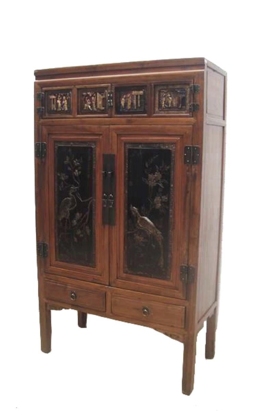 Chinese Cabinet with Two Panel Doors Carved with Crane and Phoenix For Sale