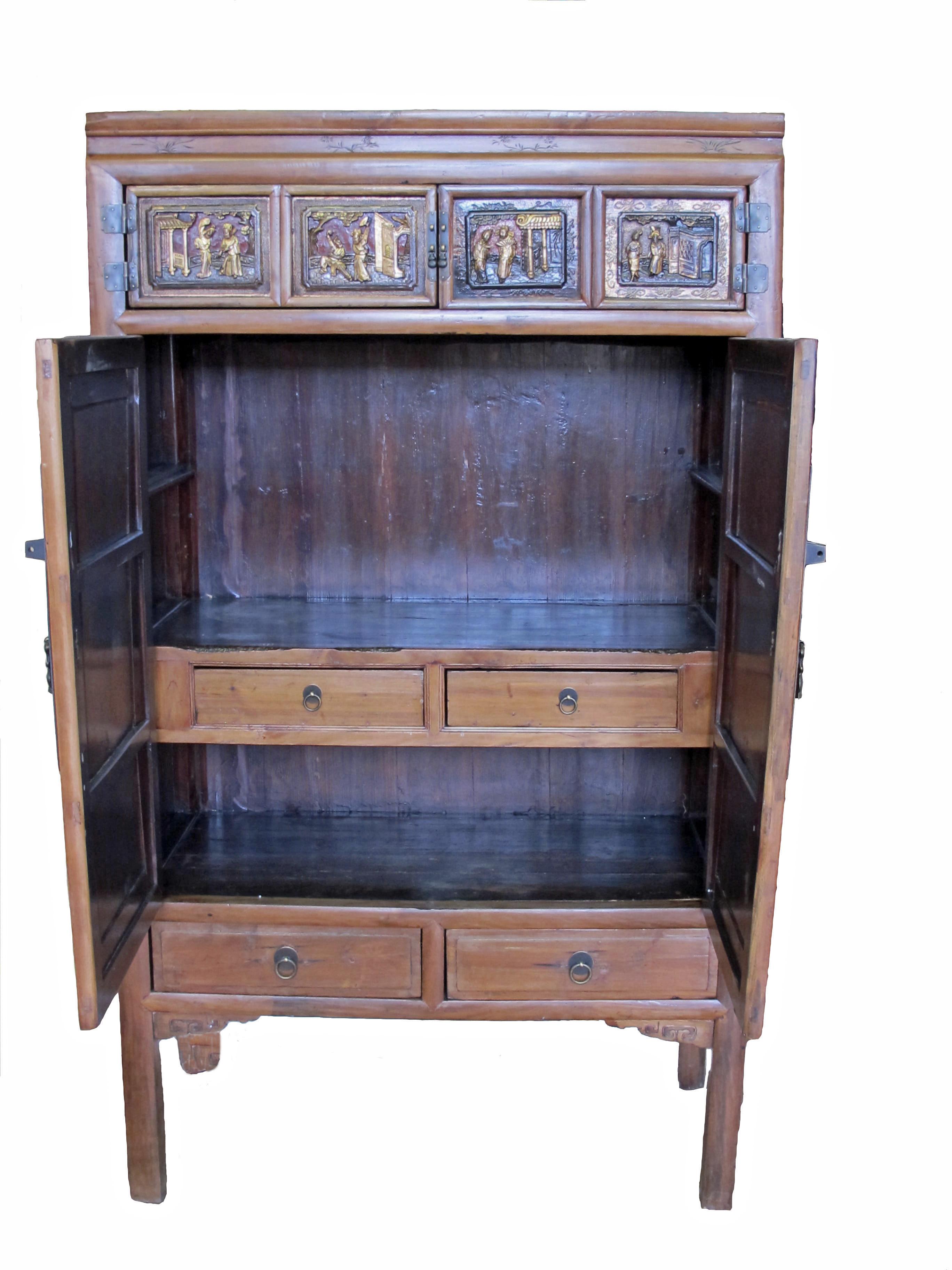 Cabinet with Two Panel Doors Carved with Crane and Phoenix In Good Condition For Sale In Merrimack, NH