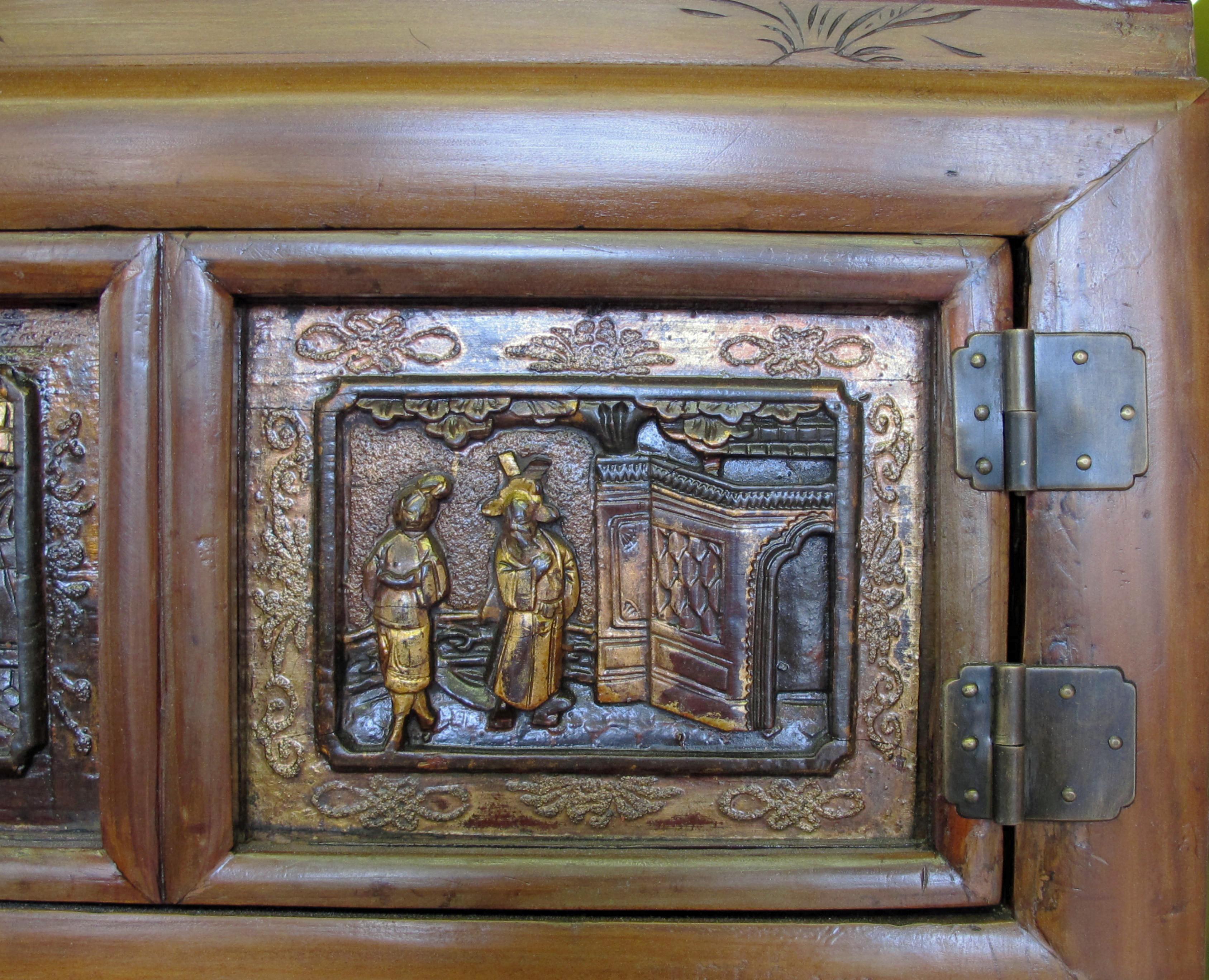 20th Century Cabinet with Two Panel Doors Carved with Crane and Phoenix For Sale