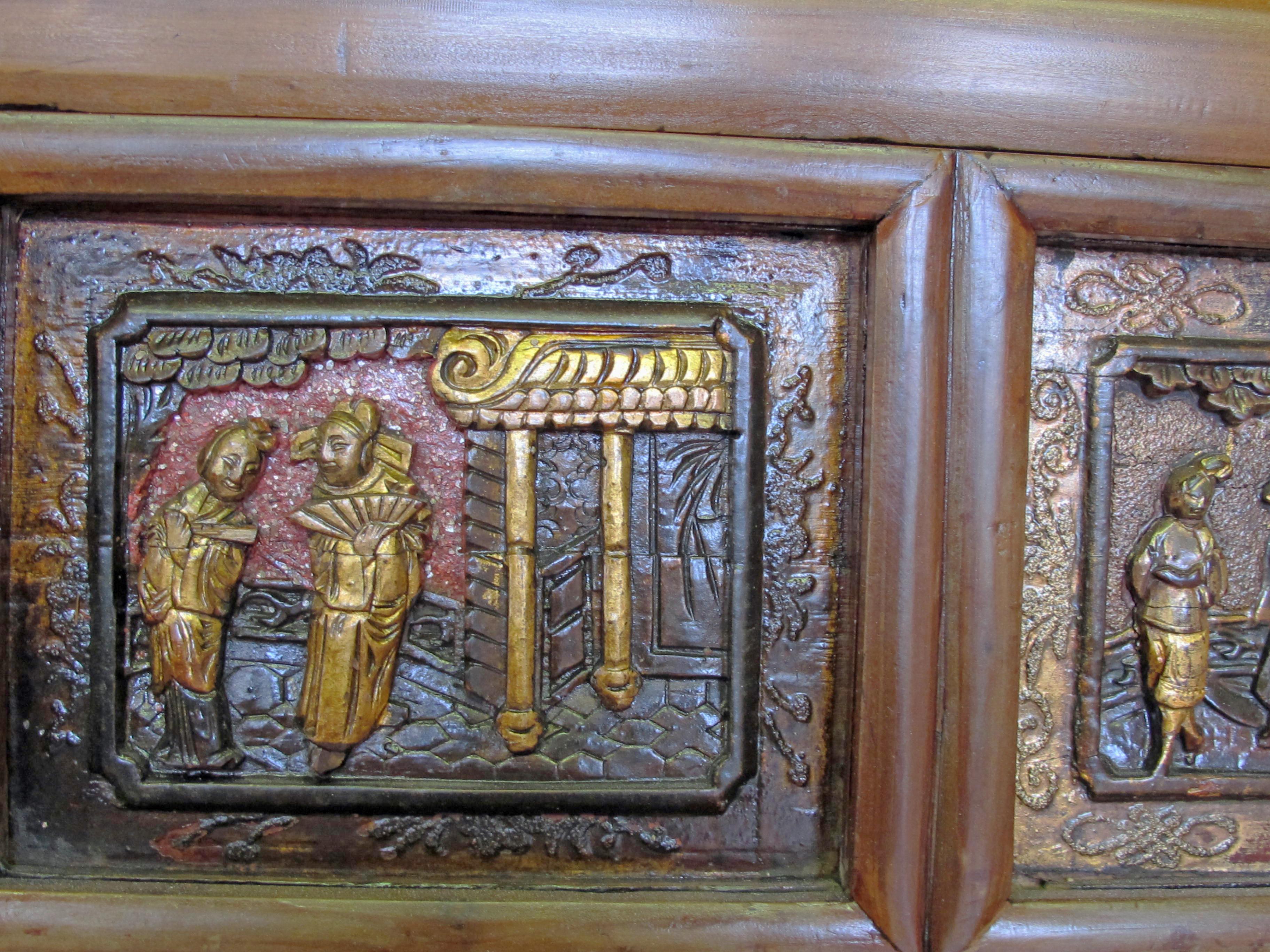 Elm Cabinet with Two Panel Doors Carved with Crane and Phoenix For Sale