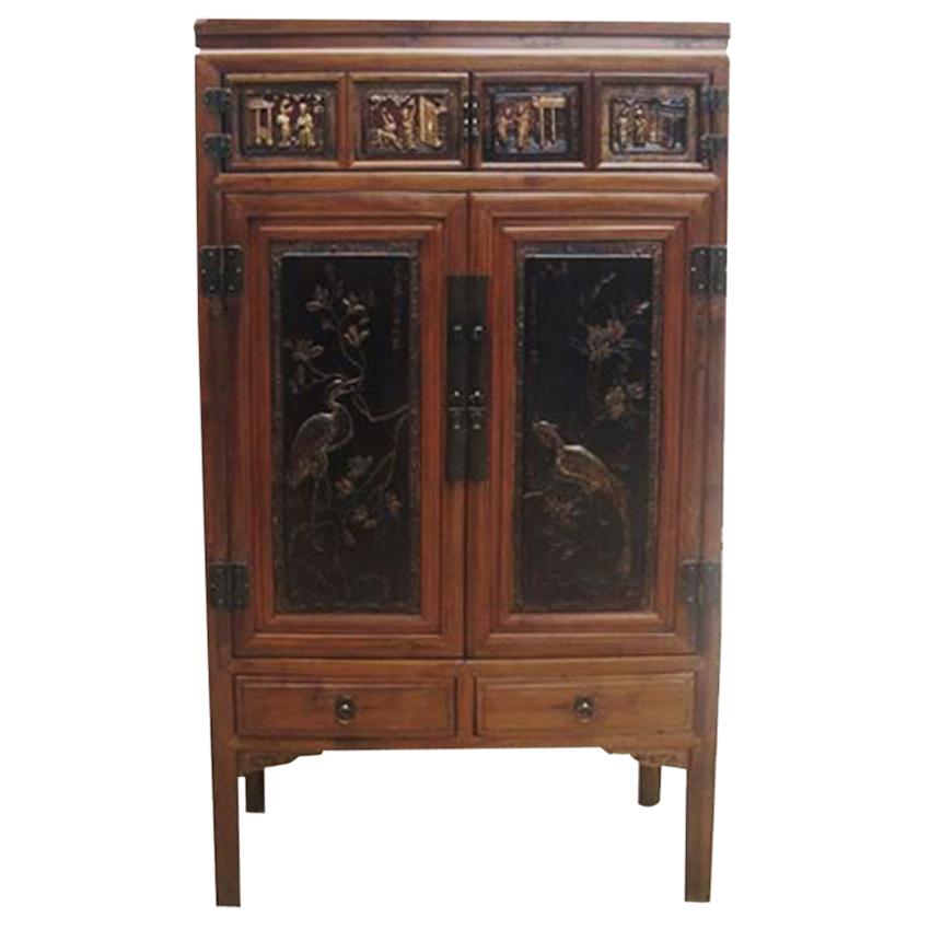 Cabinet with Two Panel Doors Carved with Crane and Phoenix For Sale