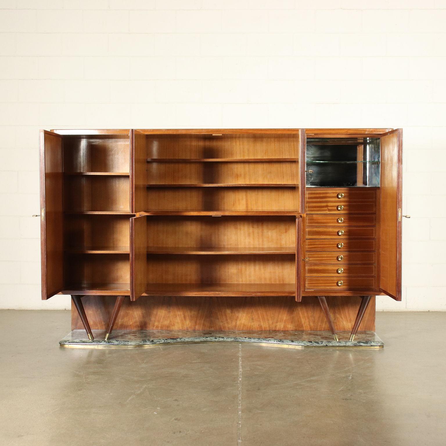 Mid-Century Modern Cabinet Walnut Veneer Back-Treated Glass Brass Marble, Italy, 1950s