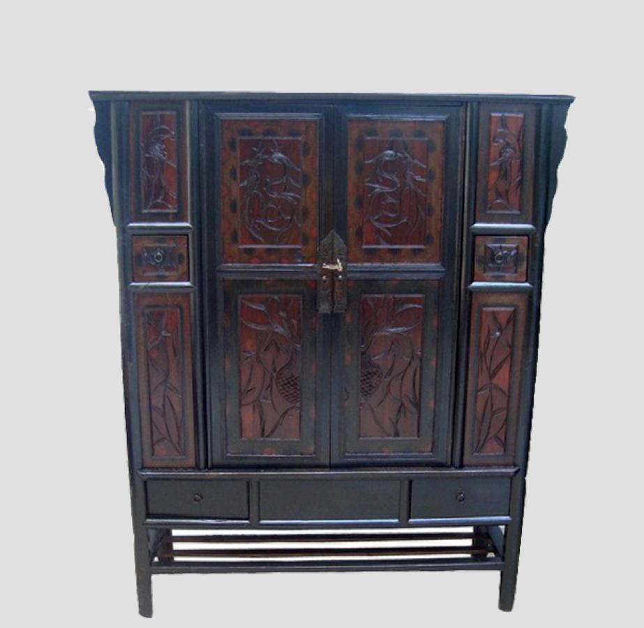 Chinese Export Cabinet with Carved Panel Doors For Sale