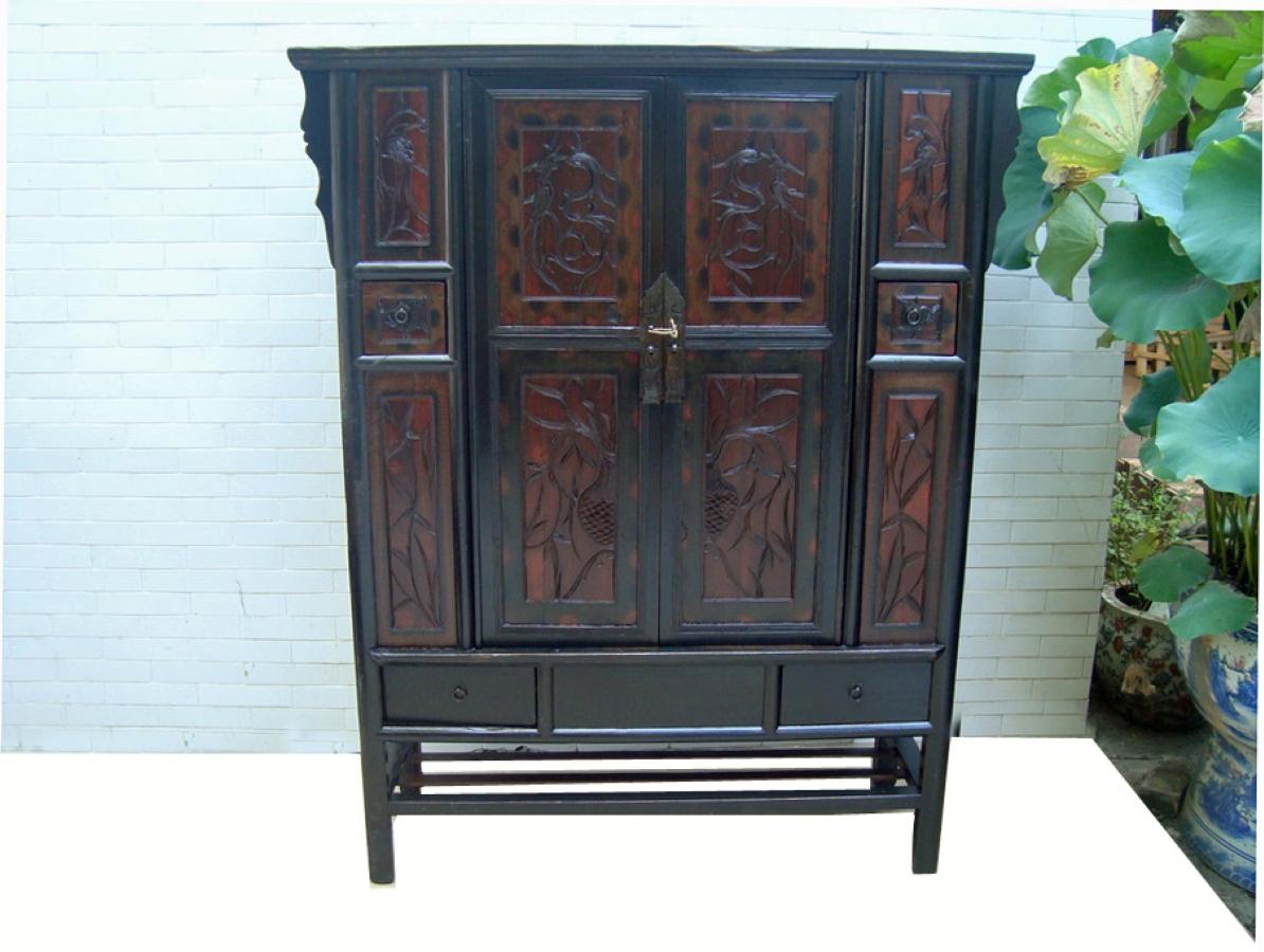 Chinese Cabinet with Carved Panel Doors For Sale